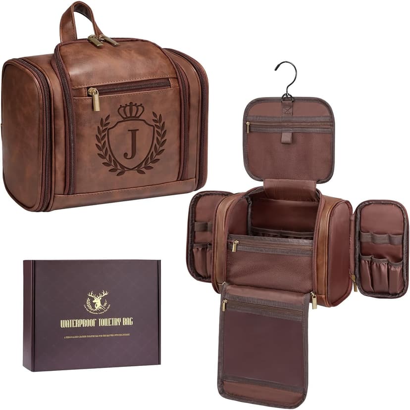 Large Hanging Leather Dopp Kit Engraved Monogram Brown Waterproof Bathroom Shaving Grooming Accessory|Luxury Unique Male Gift Personalized Gifts for Men Dad Father Birthday Toiletry Travel Bag J B0GL21B7QQ