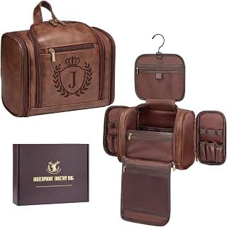 Large Hanging Leather Dopp Kit Engraved Monogram Brown Waterproof Bathroom Shaving Grooming Accessory|Luxury Unique Male Gift Personalized Gifts for Men Dad Father Birthday Toiletry Travel Bag J B0GL21B7QQ