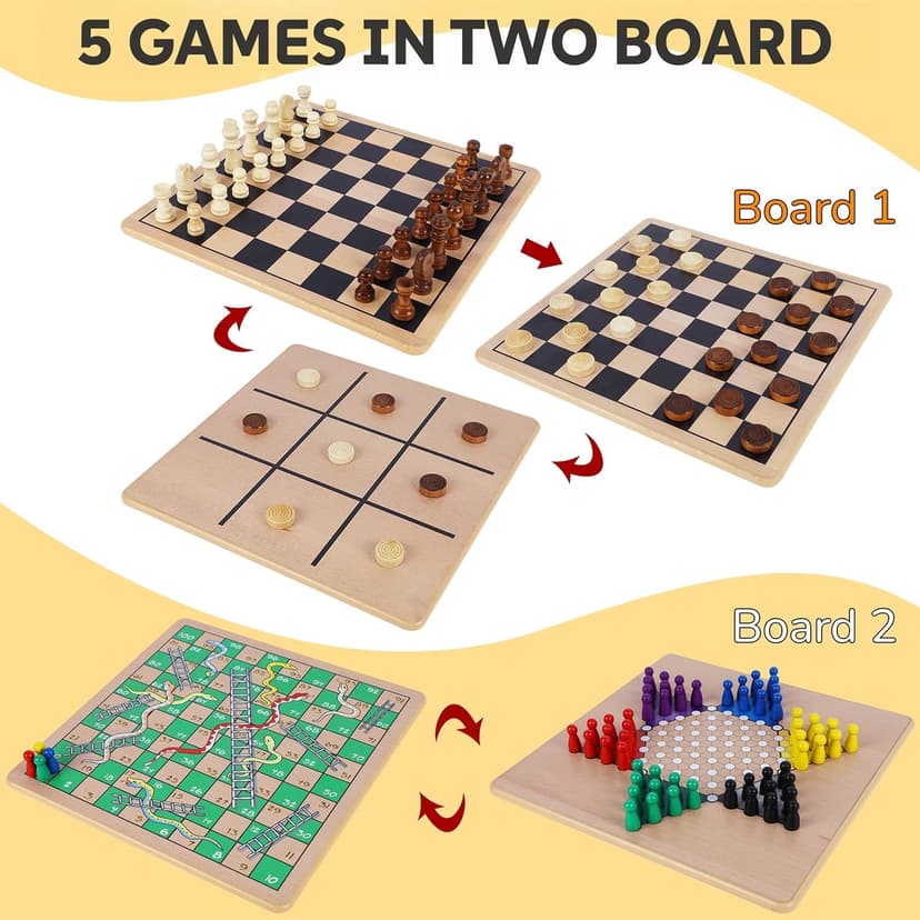 Glintoper 5-in-1 Wooden Board Game with 2 Reversible Boards for Chess, Checkers, Chinese Checkers, Snakes and Ladders, Tic Tac Toe, Tabletop Combo Classic Portable Board Games for Kids to Adult