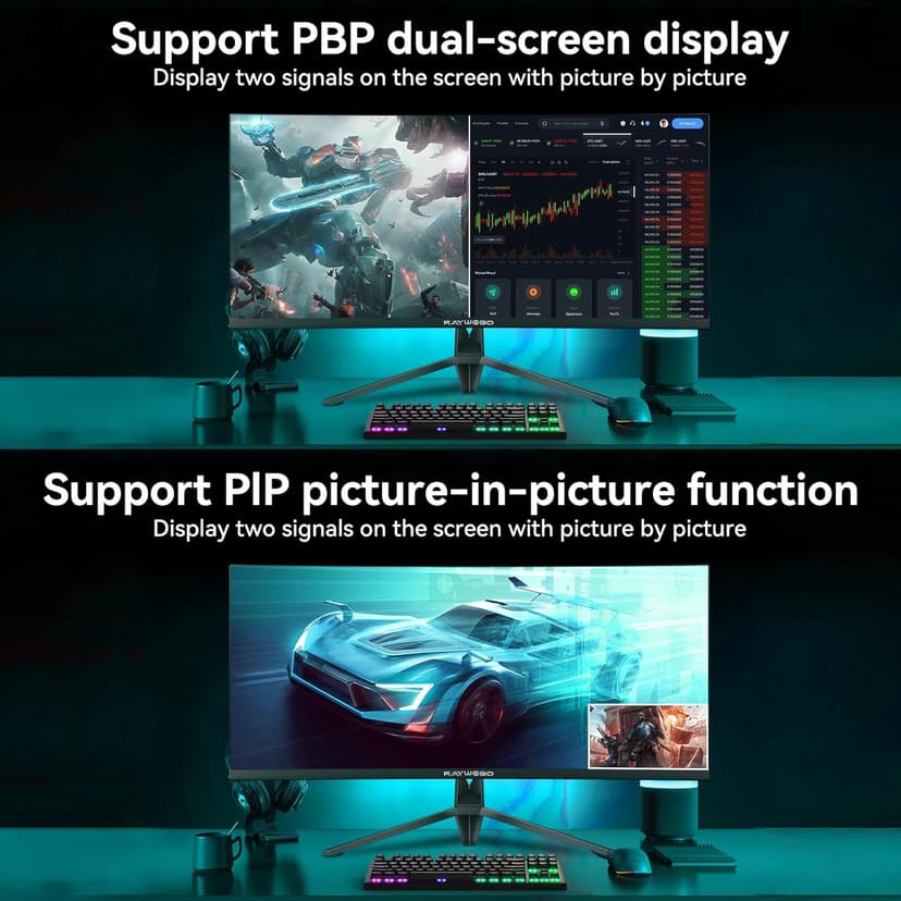 Raywego 34-Inch Curved Gaming Monitor UWQHD 3440 x 1440 Up to 165Hz Curved 1500R - PIP/PBP, 1ms(MPRT), HDR, 300nits, sRGB 99%, DCI-P3 95%,FreeSync,HDMIx2,DP1.4 x2 (DP Cable Included)