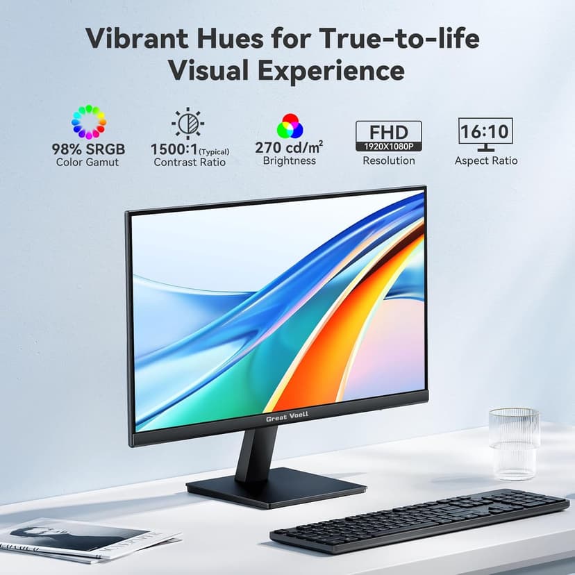 Great voell 23.8" Inch Computer Monitor- FHD 1080P IPS Display 75Hz, 99% sRGB, Eye Care, HDMI VGA, FreeSync, VESA Mountable - Slim Bezel Office & Casual Gaming Screen for PC Console