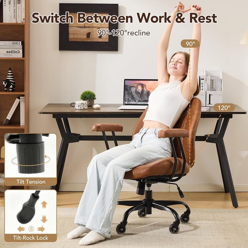 YFO Home Office Desk Chair Office Rubber Casters Ergonomic Computer Chair with Lumbar Support Adjustable Height Rolling Swivel Executive Task Armrests Chair, Brown Leather