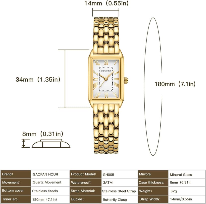 GAOFAN HOUR Gold Watches for Women with Vintage Rectangular Case,White Roman Dial,Stainless Steel Band,Adjustment Tool Included,Water Resistant