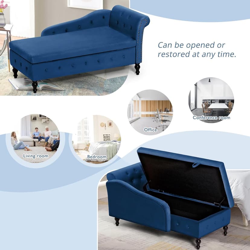 Upholstered Chaise Lounge with Right Armrest & Lumbar Pillow,Button Tufted Lounge Sofa with Storage,Lounge Chair Indoor,Modern Velvet Lounge Chair for Bedroom, Living Room and Office,Blue