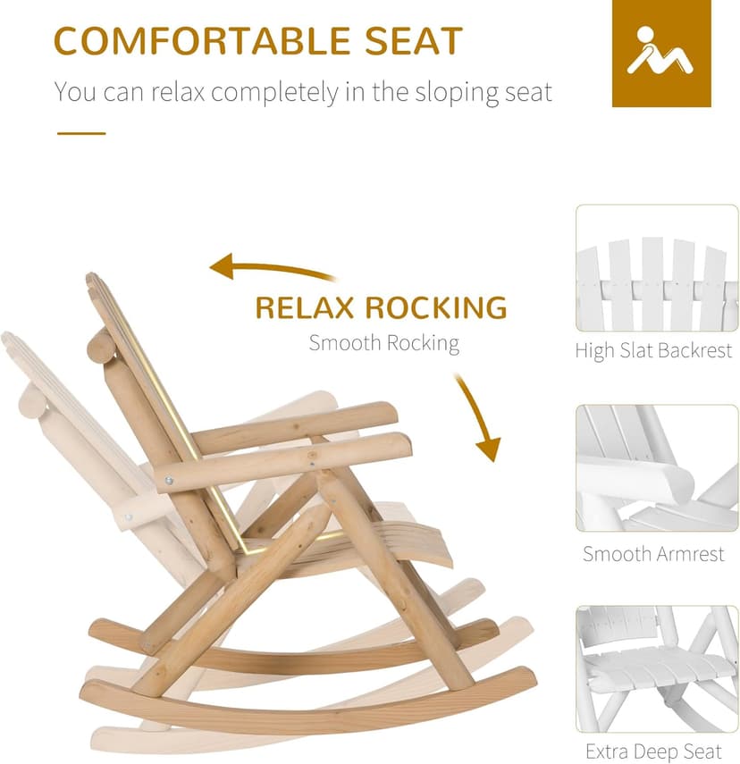 Outsunny Outdoor Wooden Rocking Chair, Single-Person Rustic Adirondack Rocker with Slatted Seat, High Backrest, Armrests for Patio, Garden and Porch, Natural