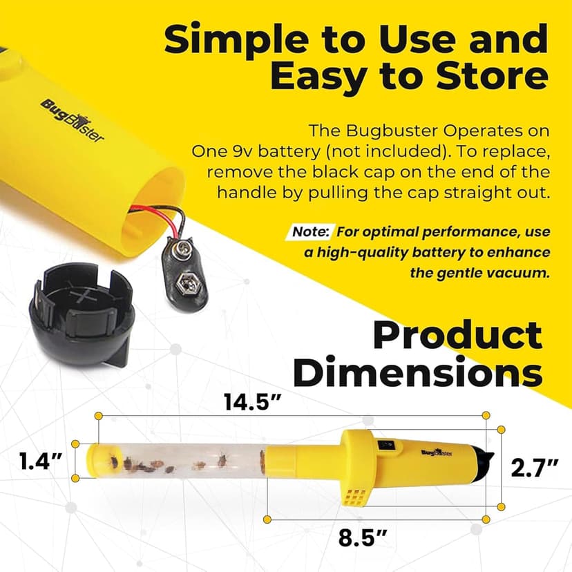 Sonic Technology BugBuster BB100 - Battery Operated Spider Catcher and Release Device, Spider Vacuum Catcher for Kids & Adult, Bug Catch and Release Tool for All Insects with Easy Switch- 14" Yellow