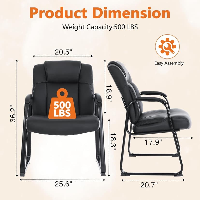 CLATINA Big and Tall Office Chair 500lbs Leather Reception Chair with Bonded Padded Armrest Wide Seat Sled Base Desk Chair No Wheels for Reception Conference Waiting Room Side Office Home, Black