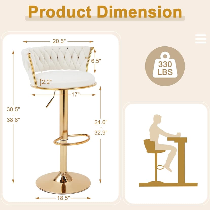 VECELO Bar Stools Set of 2, Adjustable Barstools Counter Height Stools with Back and Arm, Velvet Woven Kitchen Island Stools w/Gold Metal Leg & Base, 360° Swivel Bar Chair for Pubs Dining Room, White