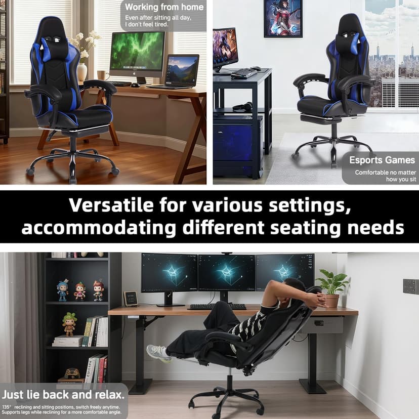 Gaming Chair, Gaming Chairs for Adults Ergonomic Gaming Chair with footrest Video Computer Chair with Headrest and Massage Lumbar Support for Adults, Kids 12+ (Black+Blue-B)