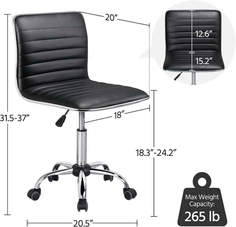 Yaheetech Adjustable Task Chair PU Leather Low Back Ribbed Armless Swivel Black Desk Chair Office Chair Wheels