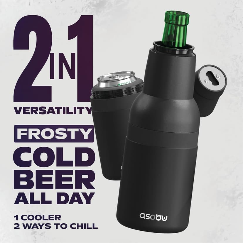 Asobu Frosty Beer Holder,2 Go Vacuum Insulated Double Walled Stainless Steel Beer Can and Bottle Cooler with Beer Opener, Bpa Free, Fits Standard 12oz, Ice Cold for Hours, Great Gift for Beer Lovers