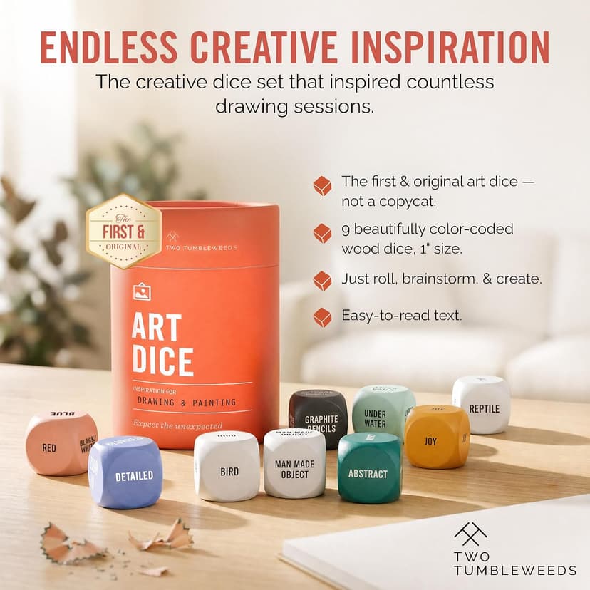 The solution to artist's block – Roll to decide what to draw or paint – Fun, Unique Gift for Artists of All Levels Two Tumbleweeds Art Dice - Drawing & Painting Prompts, Set of 9 dice B0BKTNJ24Z