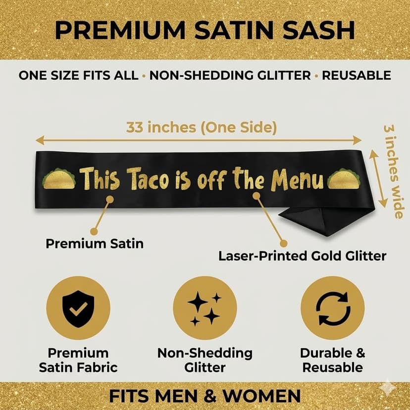 Decorations for Her or Him | Bridal Shower Favors | Hen Do | Accessories | One Size Fits All | Non-Shedding | Photo Prop Bachelorette Party Sash Funny Naughty Bride Satin Glitter Black and Gold B0FDVM2HKB
