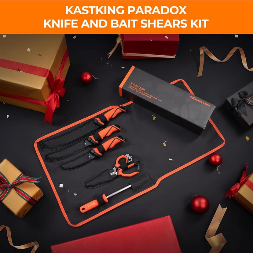 KastKing Paradox Fishing Knife Tool Set – Includes 9" & 7" Fillet Knives, 5" Bait Knife, 9" Versatile Bait Shears, 12" Honing Rod, Non-Slip Handles, Custom Sheaths, and Carrying Case – Fishing Gear