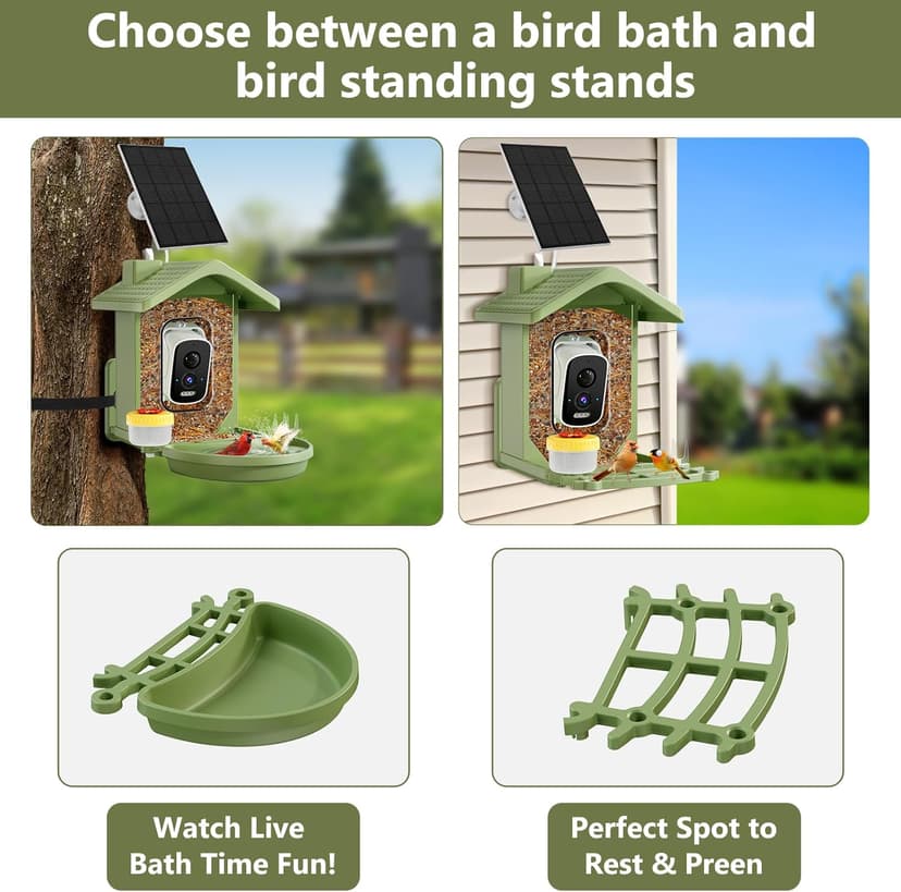 Smart Bird Feeder with Camera Solar Powered, AI Birds Species Identification, 2.5K HD Video Bird House with Camera for Outside, Weatherproof Design Ideal Gifts for Christmas, Bird Lovers, Green