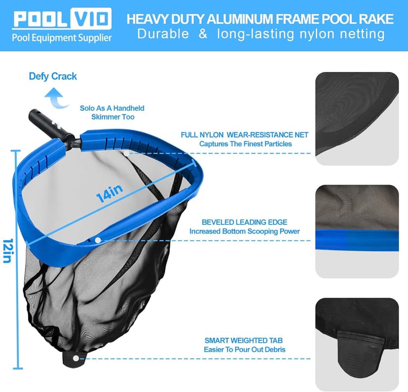 Poolvio Pool Cleaning Kit with Spa Jet Vacuum Cleaner, 8-Foot Pole, Leaf Rake Net & Round Brush for Inflatable and Above-Ground Pools