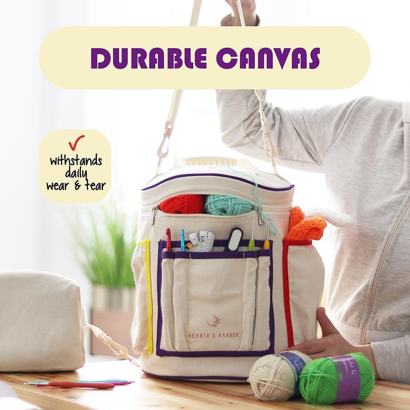 Hearth & Harbor Crochet Bag Organizer – Durable Knitting Bag, Yarn Organizer for Crochet Accessories and Supplies, Canvas Yarn Bag, Crochet Organizer with Accessories Case, Yarn Storage Organizer