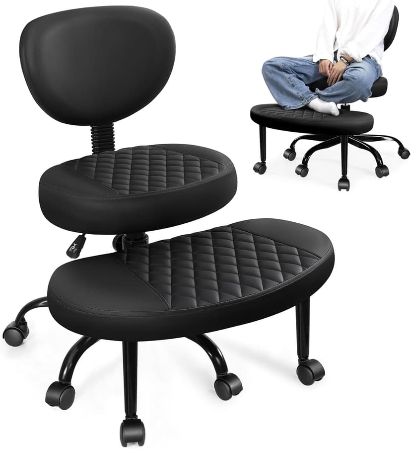 AtHope Ergonomic Cross Legged Office Chair with Wheels - Adjustable Height for Meditation, ADHD Desk & Yoga - Wide Criss Cross Design with Lumbar Support, Kneeling Chair - Black