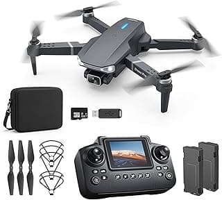 E88 Drone with Screen Controller with SD card, Foldable Mini Drone for Beginners, 2 Batteries, 360° Flips Waypoint Fly, Active Obstacle Avoidance, One Key Take Off/Landing. (2 batteries - Black)