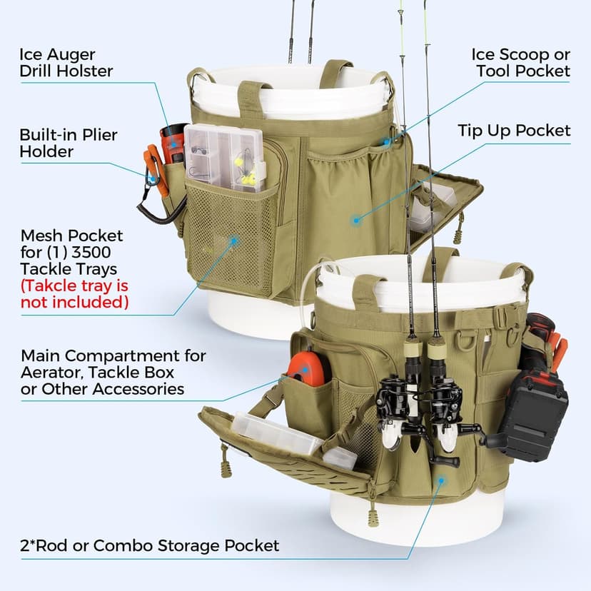 KastKing Karryall Fishing Bucket Organizer for 5 Gallon Bucket, Ice Fishing Tackle Bag with Adjustable Buckle, Rod & Plier Holder and Multi-Pockets for Fishing Gear & Accessories Storage,Khaki