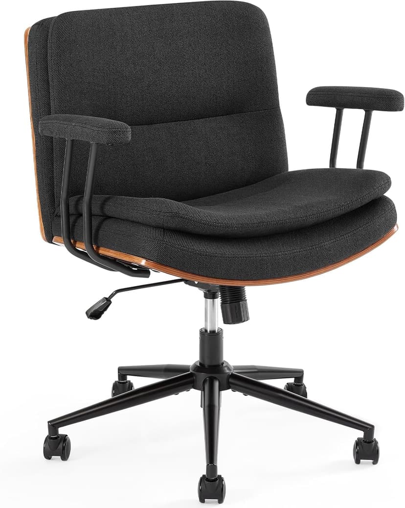 Home Office Desk Chair with Armrests & Wheels, Modern Walnut Swivel Rolling Executive Task Chair, Height Adjustable Ergonomic Computer Chair, Black Fabric