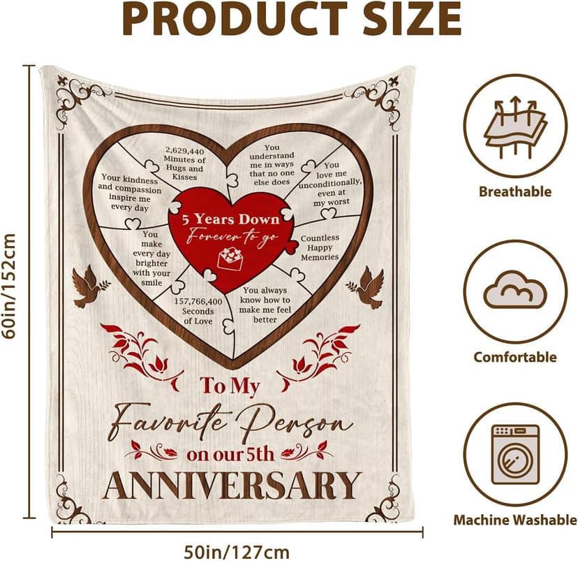 5 Year Anniversary Blanket Gift - 5 Year Anniversary Wedding Gifts for Him Her, 5th Anniversary Marriage Gifts for Husband Wife, Happy 5th Anniversary Blanket for Couple, 60"x50"