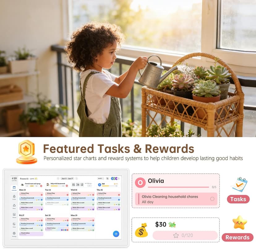 Real-time Google, Outlook and iCloud sync keeps every family member organized, with meal planning and no subscription fees. 15.6" Digital Calendar Wall Touch Screen, Chore Chart, Photo Frame, Bases B0GBVS5NX1