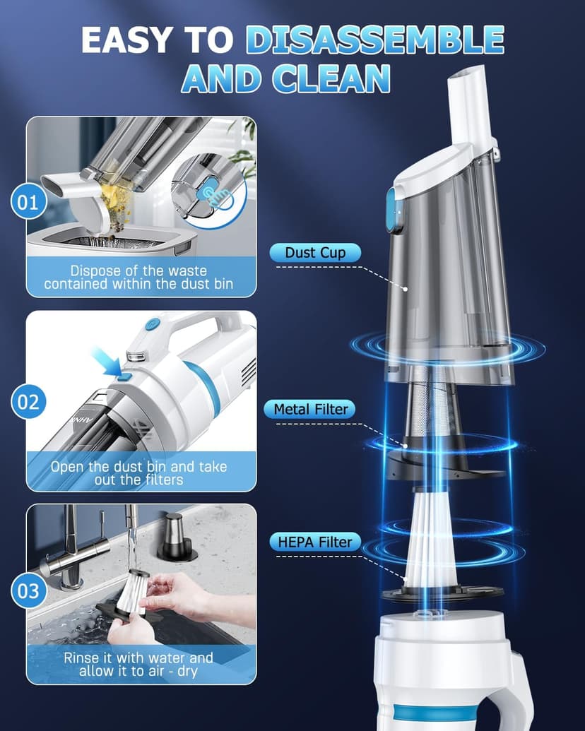 AHNR Handheld Vacuum Cordless, 16000PA Powerful Suction Hand Held Vacuum Dust Busters Cordless Rechargeable with LED Light & 2 HEPA Filters, Portable Car Vacuum Cleaner High Power for Car Home Office
