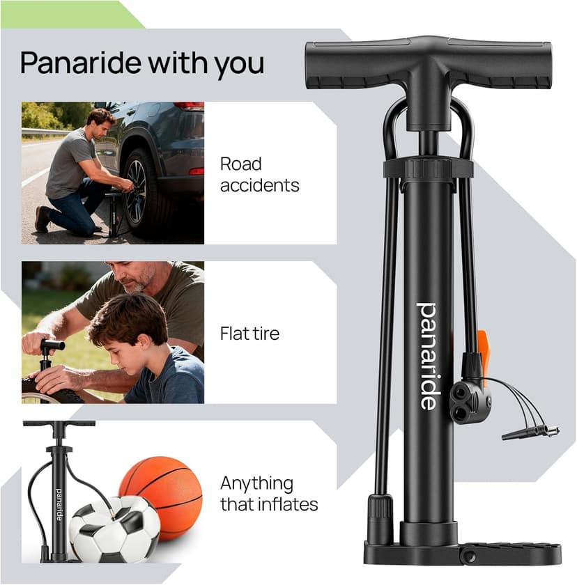 Bike Pump Floor, Advanced Bike Tire Inflator, Bicycle Hand Air Pump with Dual Presta and Schrader Valves, Handheld Pump, Suitable for Road and Mountain Bikes, Baby Stroller, Balls