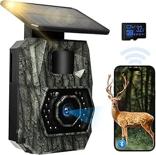 MAXDONE Solar Trail Camera WiFi Bluetooth - 48MP 30fps Game Camera with 5200mAh Rechargeable Battery, 0.1s Trigger Speed Motion Activated Trail Cam IP66 with 32GB TF Card for Wildlife Monitoring