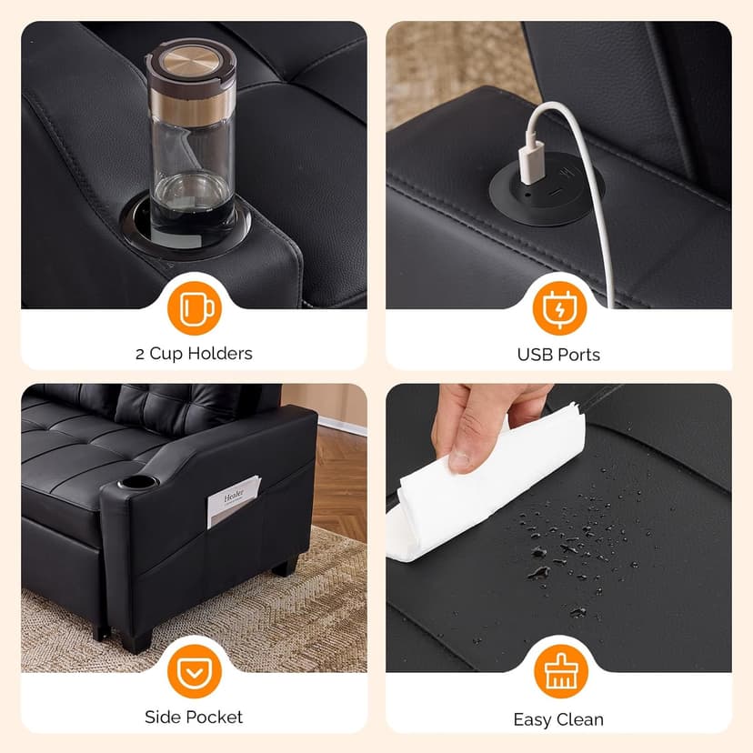 VINGLI Convertible Loveseat Sleeper, Black Faux Leather Futon Sofa Bed Pullout Couch Bed with USB Ports, Cup Holders, Armrest for Living Room, Bedroom, Home Office Apartment