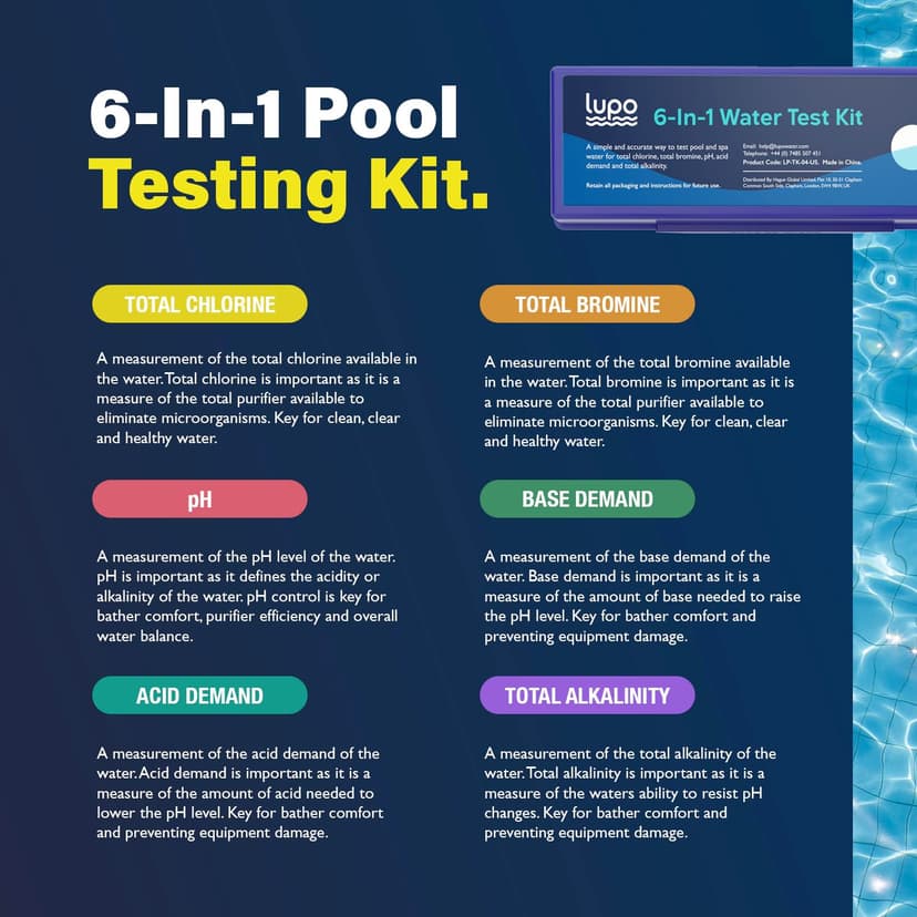 Lupo 6-in-1 Pool Test Kit | Pool Testing Kit for Residential Swimming Pools & Spas for Testing Total Chlorine, Total Bromine, pH, Base Demand, Acid Demand & Total Alkalinity Quick & Accurate Testing