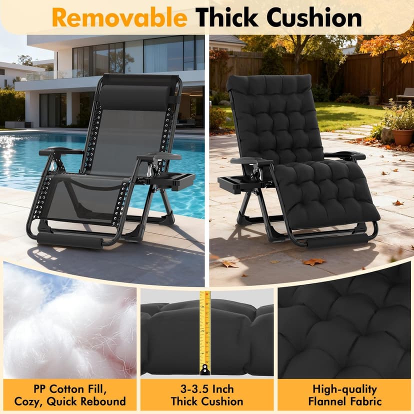 Slendor Oversized Zero Gravity Chairs XXL, 33In Padded Zero Gravity Lounge Chair, Lawn Recliner, Folding Patio Reclining Chair w/Aluminum Alloy Lock, Headrest, Cup Holder, Support 500lbs, Black