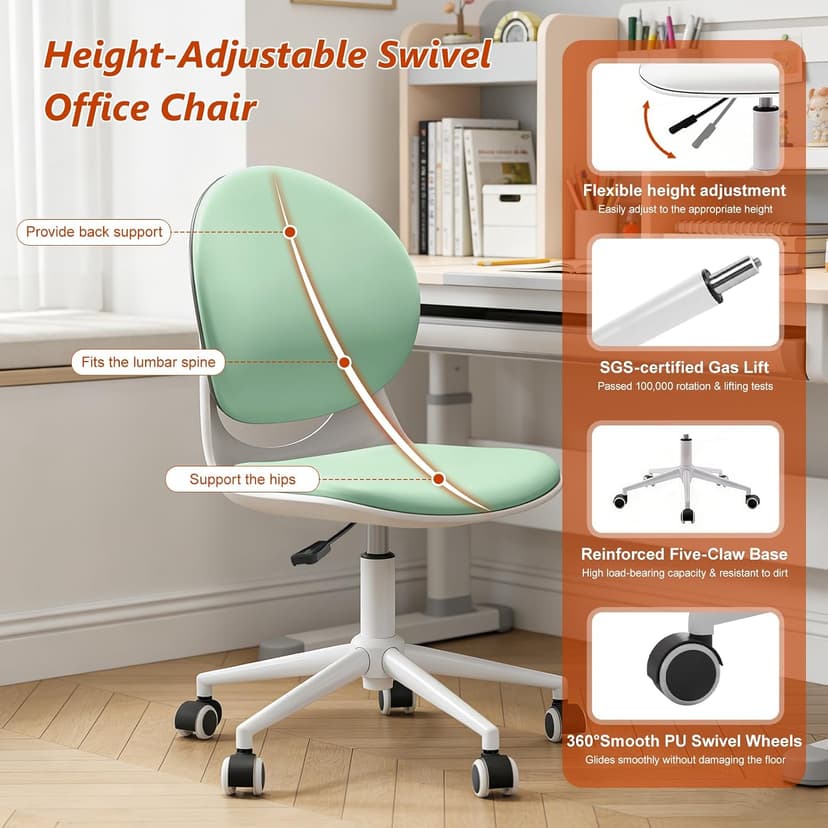 Modern Home Office Chair, Armless Faux Leather Fabric Desk Chair with Mid-Back, Swivel Height Adjustable Ergonomic Computer Task Chair for Office, Bedroom, Make Up, Study