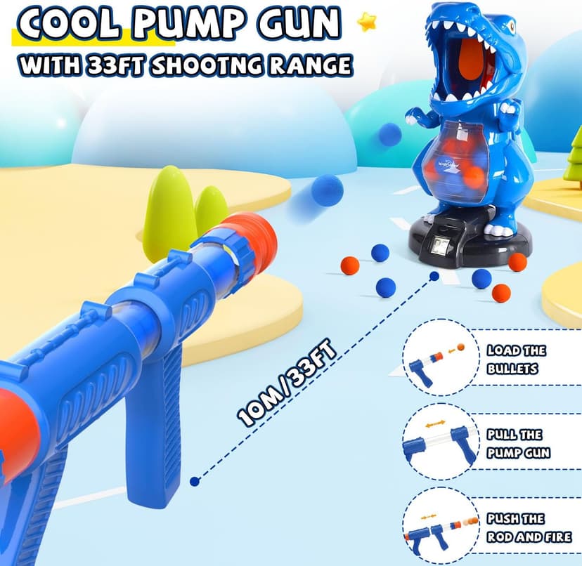 EagleStone T-Rex Dinosaur Shooting Toys for 6 7 8 Year Old Boys, Electronic Shooting Target Game with Air Pump Gun, 24 Balls, Foam Blaster Boy Toys Age 6-8 8-10, Christmas Birthday Gifts for Kids
