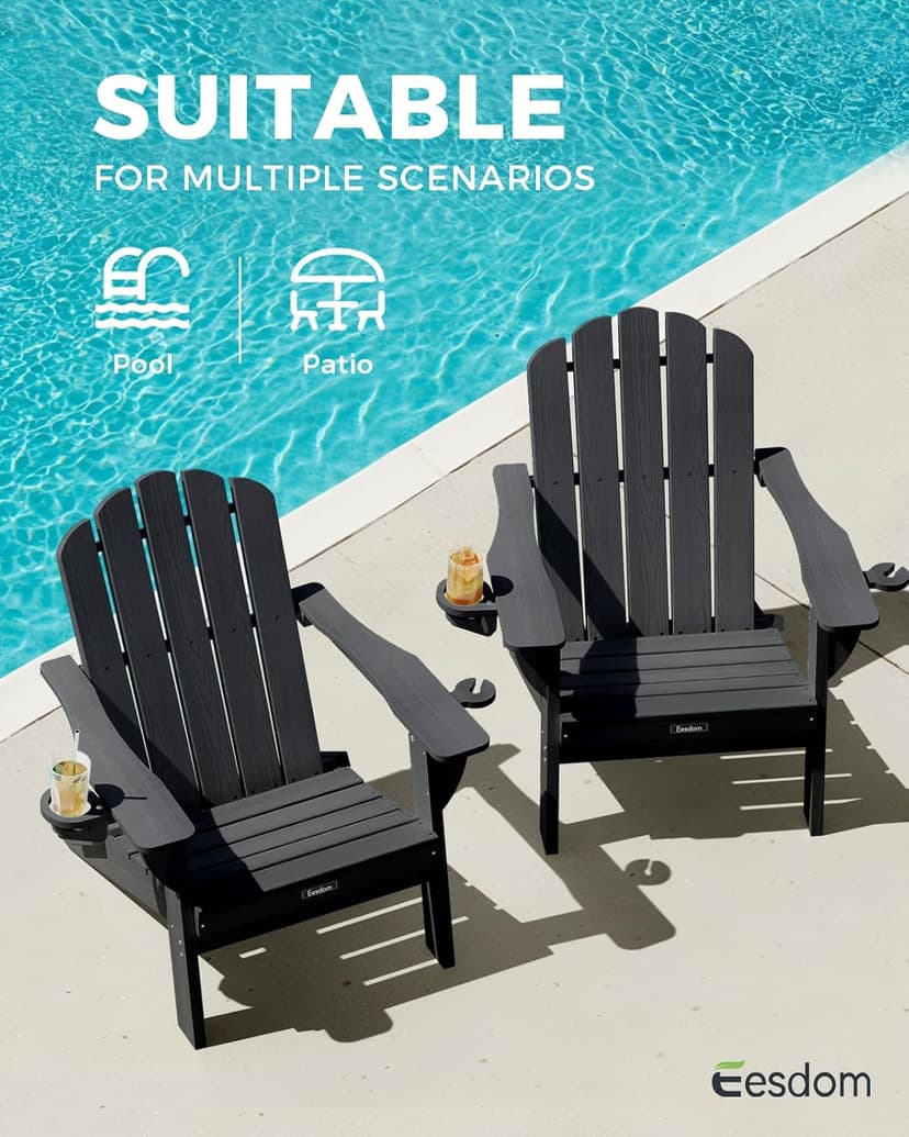 Folding Adirondack Chair,All-Weather HDPE Fire Pit Chair with 2 Cup Holders, Plastic Outdoor Chair for Patio Deck Garden Lawn, Black