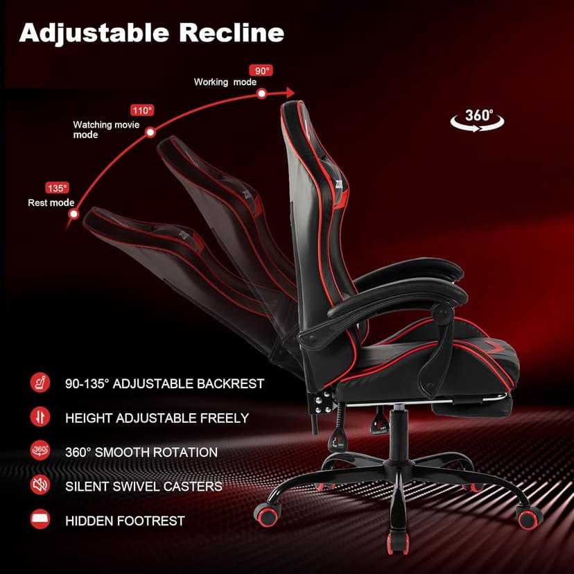 Ergonomic Gaming Chair for Adults, Reclining Computer Office Desk Chair with Footrest, Pocket Spring Cushion,Linkage Armrests, Lumbar Support & Headrest, Heavy-Duty Enlarged Metal Base,Red