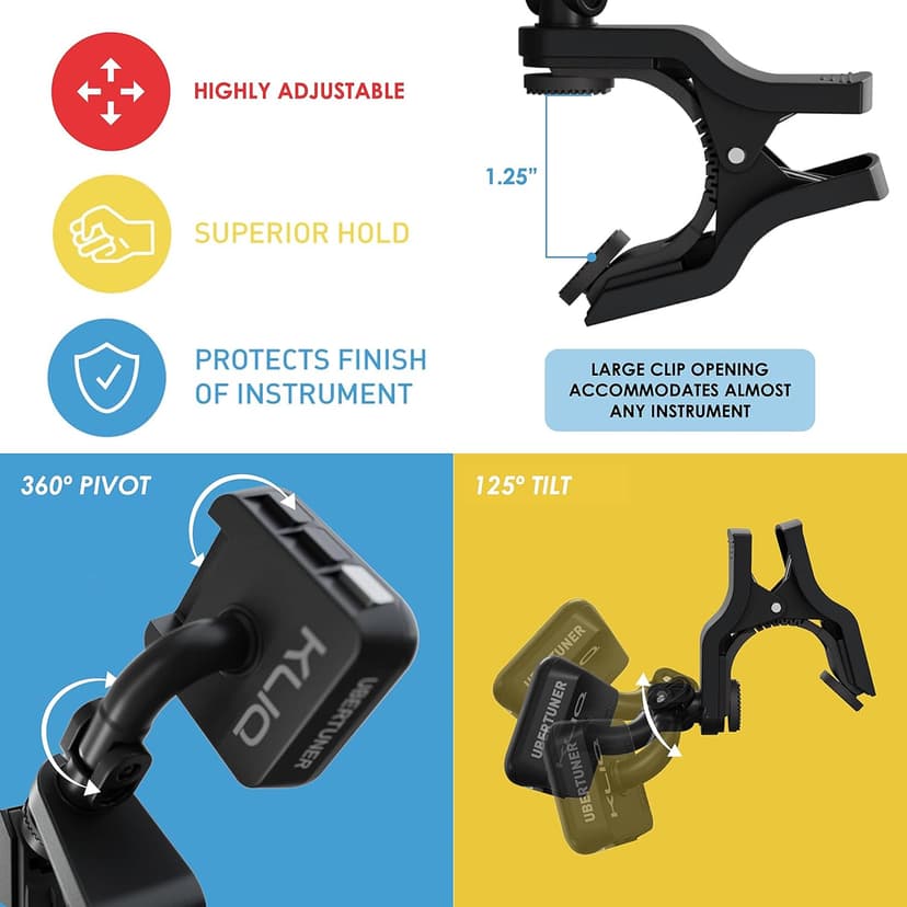 KLIQ UberTuner, Professional Clip-On Tuner for Guitar, Bass, Ukulele, Violin, Mandolin, Banjo & All Instruments, Fast & Accurate Chromatic Tuning with Multi-Key Modes, Black