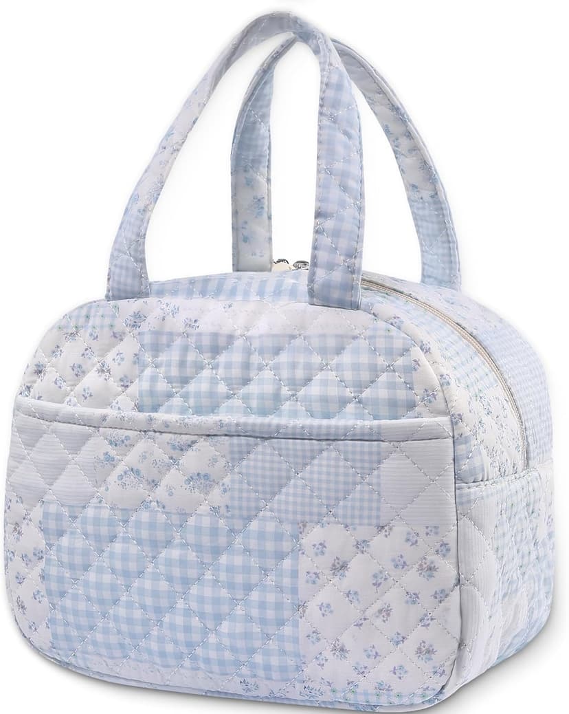 WOBAGMEN Quilted Lunch Box for Women,Lunch Box for Teen Girls,Cute Floral Lunch Bags for Work, School,Office,Picnic,Travel (green blue pin)