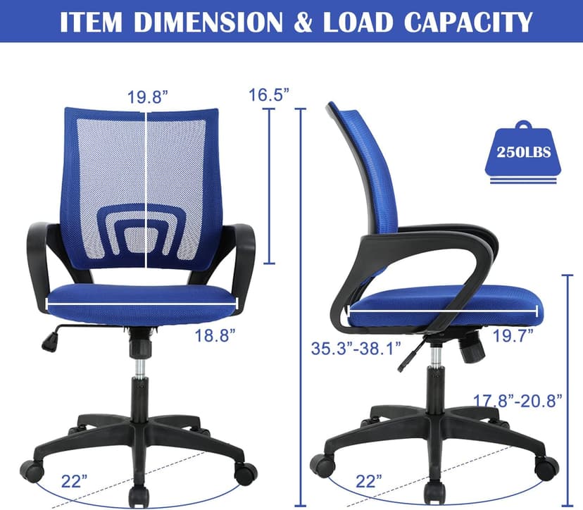 Home Office Chair Desk Chair Computer Chair with Lumbar Support& Armrest, Adjustable Ergonomic Mid Back Task Chair Mesh Rolling Swivel Office Desk Chairs for Bedrooms, Blue