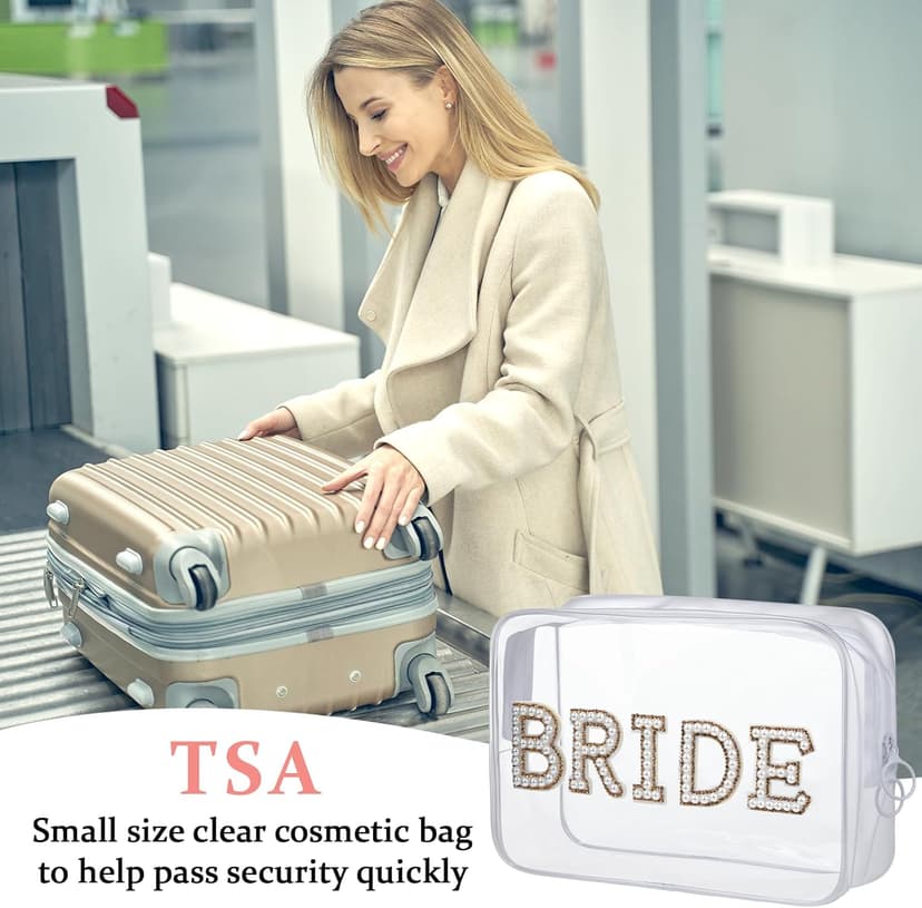 Etercycle Bride Clear Makeup Bag, Bridal Shower Gifts Engagement Cosmetic Bag, Bling Pearl Rhinestone Letter Patches Waterproof PVC Travel Organizer for Women Wedding Bachelorette Party (Gold)