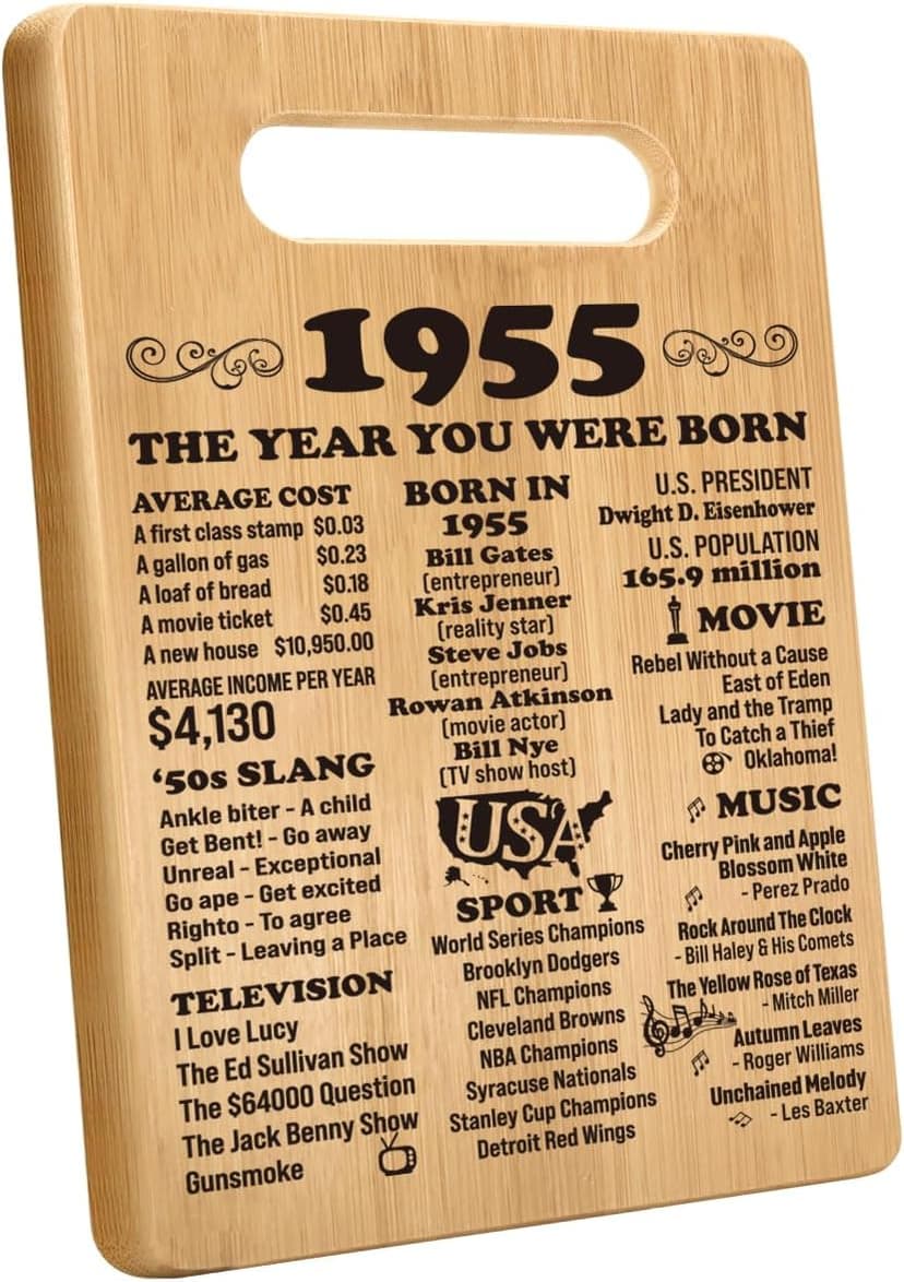 70th Birthday Gifts for Women Men, Happy 70 Year Old Birthday Gift Cutting Board for Her Him, Back In 1955 Birthday Decorations Woman Man Turning 70, 70th Cutting Board Birthday Favor