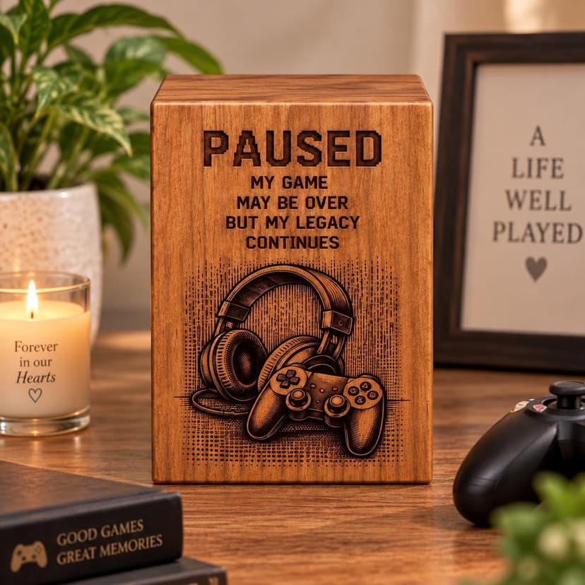 Gaming Memorial Urn Box for Human Ashes,Cremation Urn with Laser Engraved Headphones & Game Controller Design, Wooden Keepsake Funeral Urn for Adult Ashes, Memorial Gift B0HD81S9SR