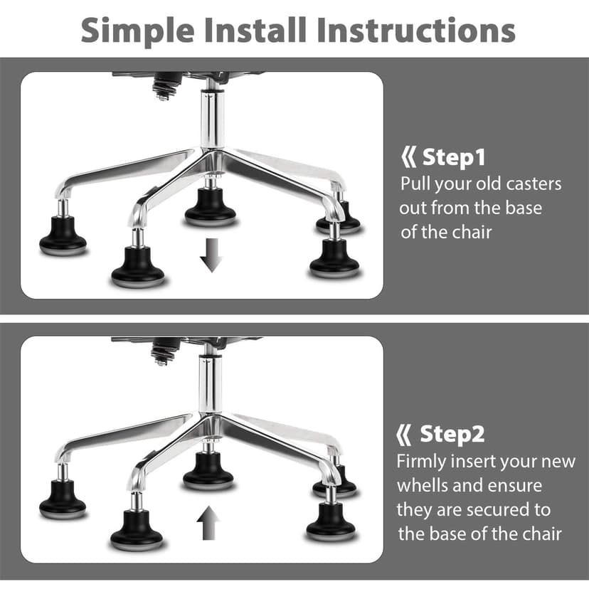 Bell Glides Replacement Office Chair Feet Swivel Caster Wheels to Fixed Stationary Castors, Short Profile with Separate Self Adhesive Felt Pads Black 5pcs