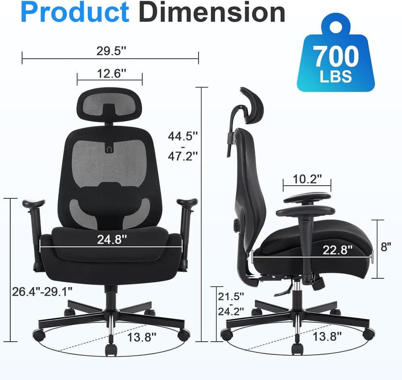 BOSMILLER Big and Tall Office Chair with Wide Thick Seat Cushion for Heavy People,700lbs Ergonomic Mesh Desk Chair with Adjustable Lumbar Support and Headrest, Armrests for Adults Sitting All Day