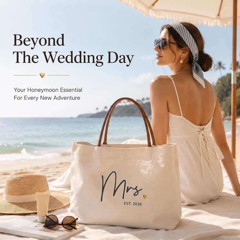 Engagement Gift for Bride, Wifey, Bachelorette Party Favors, Honeymoon, Wedding Essentials Bag with Leather Handle & Pocket Bridal Shower Gifts Bride Tote Bag for Bride to Be, Future Mrs B0GTV3F3QJ