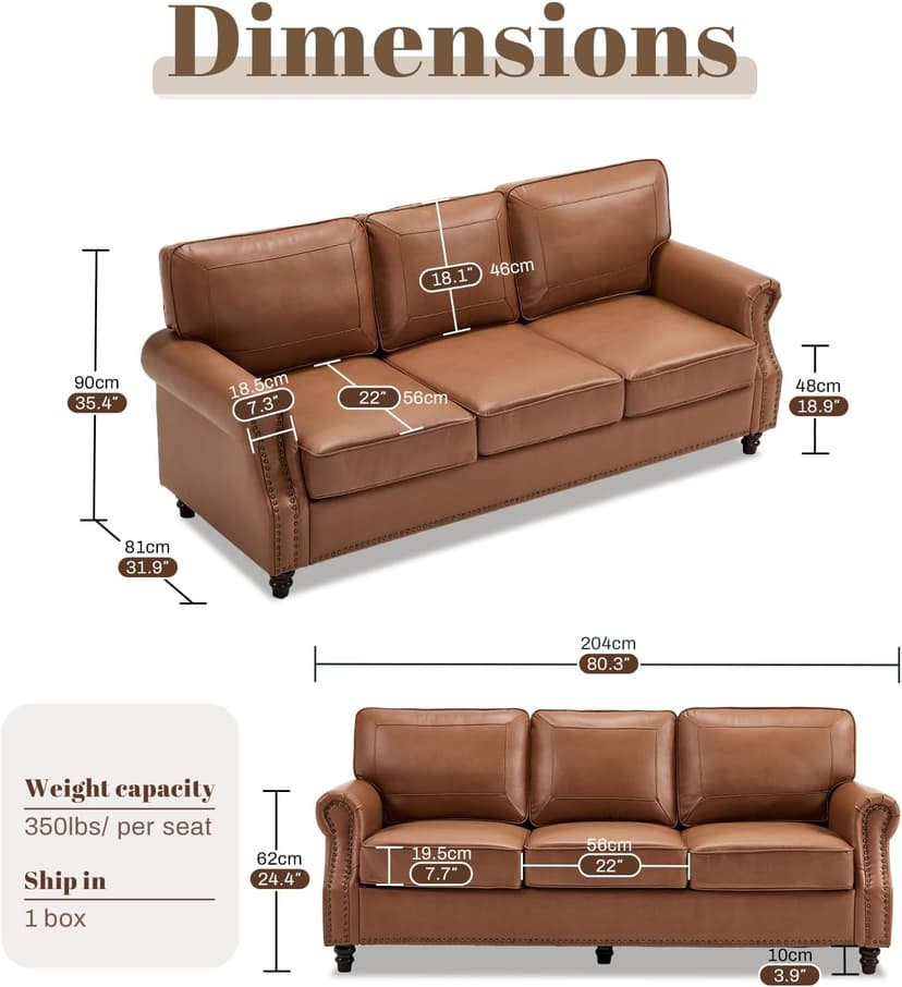 Kingfun Mid-Century Modern Couch, Faux Leather Sofa, 3 Seater Couch for Living Room with Rolled arms & Nailhead Trim, Brown