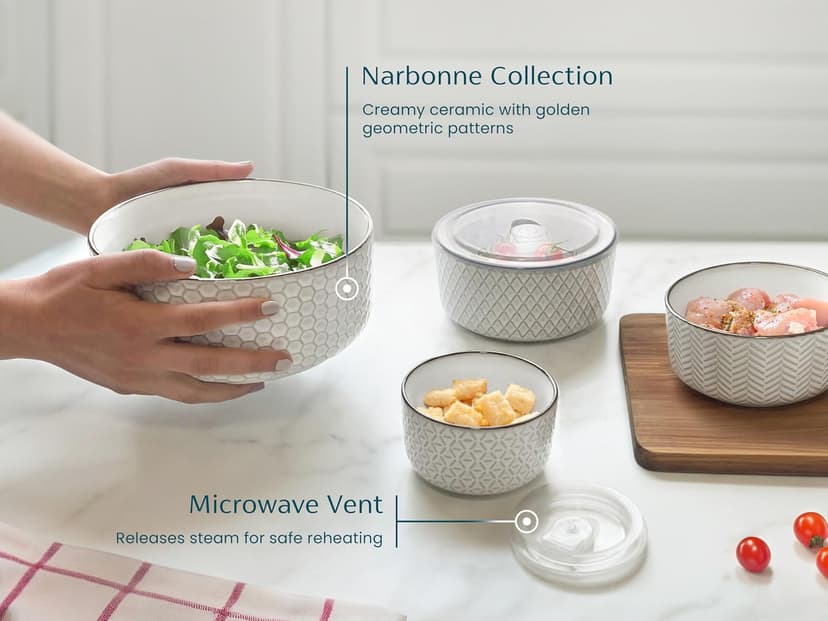 Narbonne Collection, Stackable, For Prep & Serving, 10/17/29/47 oz, Leak-Proof Lids, Steam Vent, Microwave & Dishwasher Safe KooK Ceramic Nesting Bowls with Lids, Embossed Stoneware, Set of 4, Ivory B0BJS6M86W