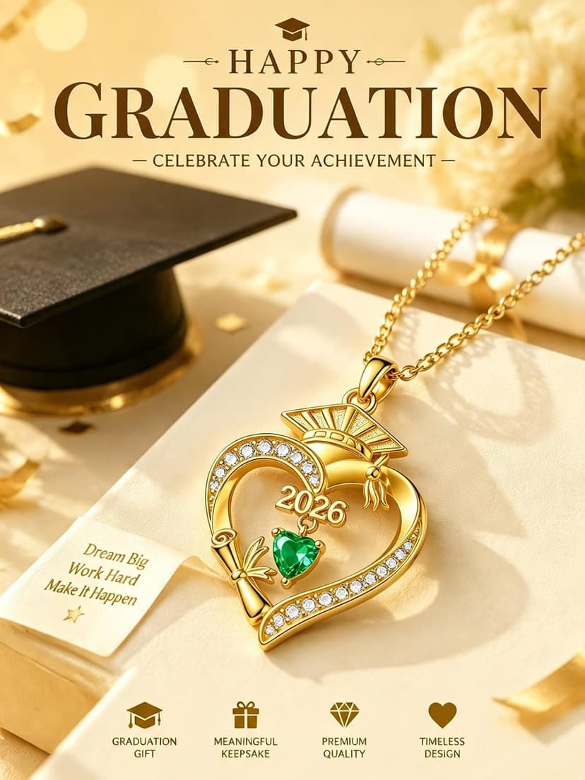 Graduation Gifts for Women Her, 18K Gold Heart Birthstone Necklace, Inspiring Grad Pendant College Seniors High School Graduations Jewelry Gifts B0H98Q1TH9