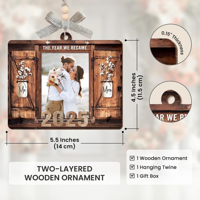 Personalized Wedding Gifts for Couples 2025 - Marriage Customized Wood Ornaments with Photos, Bridal Shower Gifts for Bride, Mr and Mrs Engagement Gift, Personalized Picture Frame